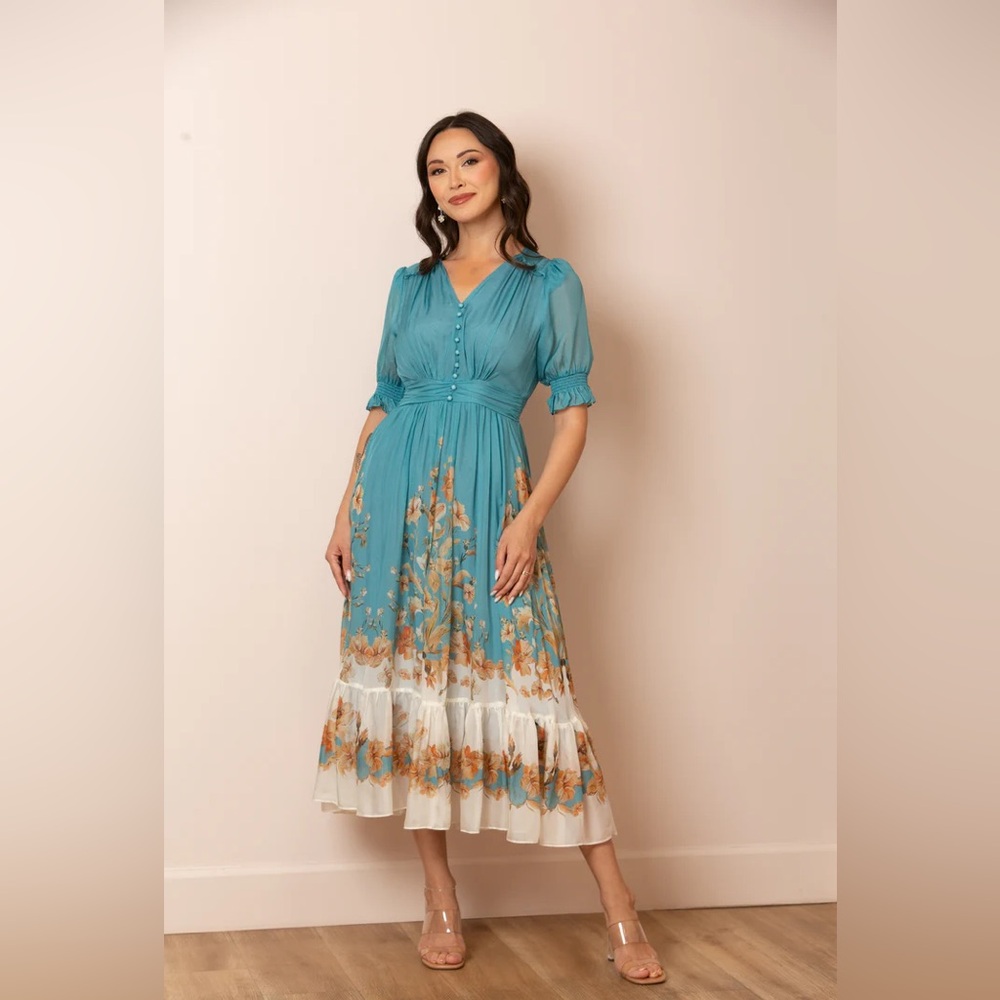 JESSIE LIU Isabella Print Midi Silk Dress Teal Size Medium NWT